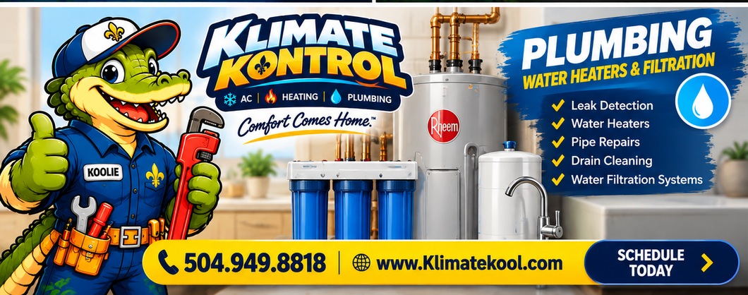 Koolie with Klimate Kontrol plumbing services: leak detection, water heaters, pipe repairs, drain cleaning and water filtration