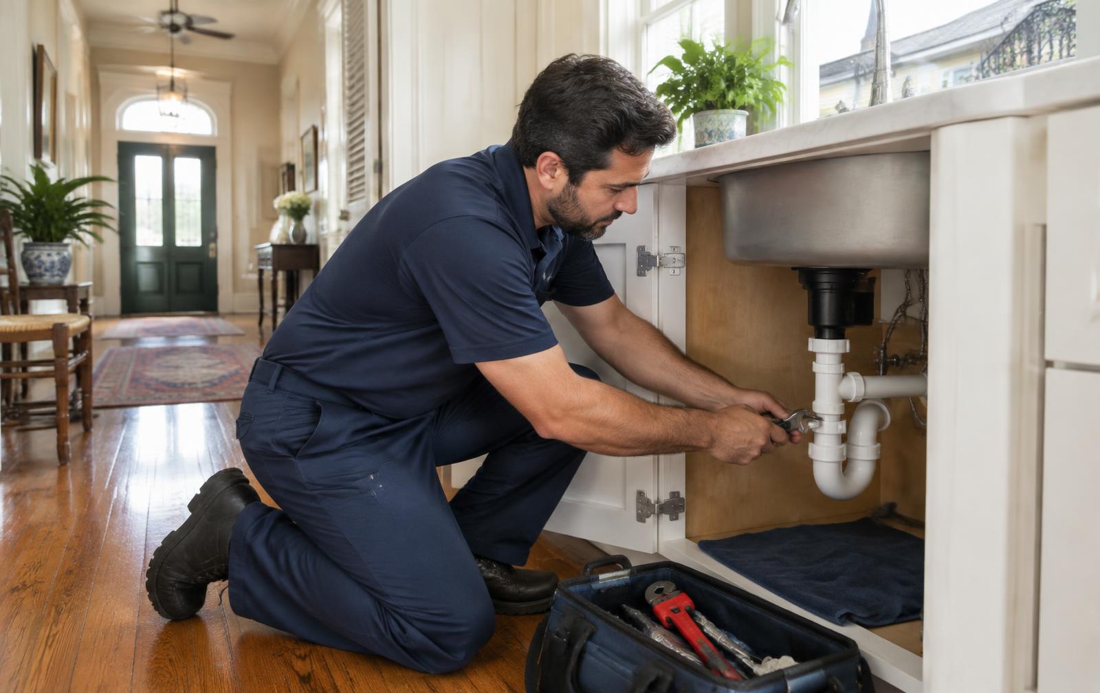 Plumber repairing pipes under a sink in a New Orleans home